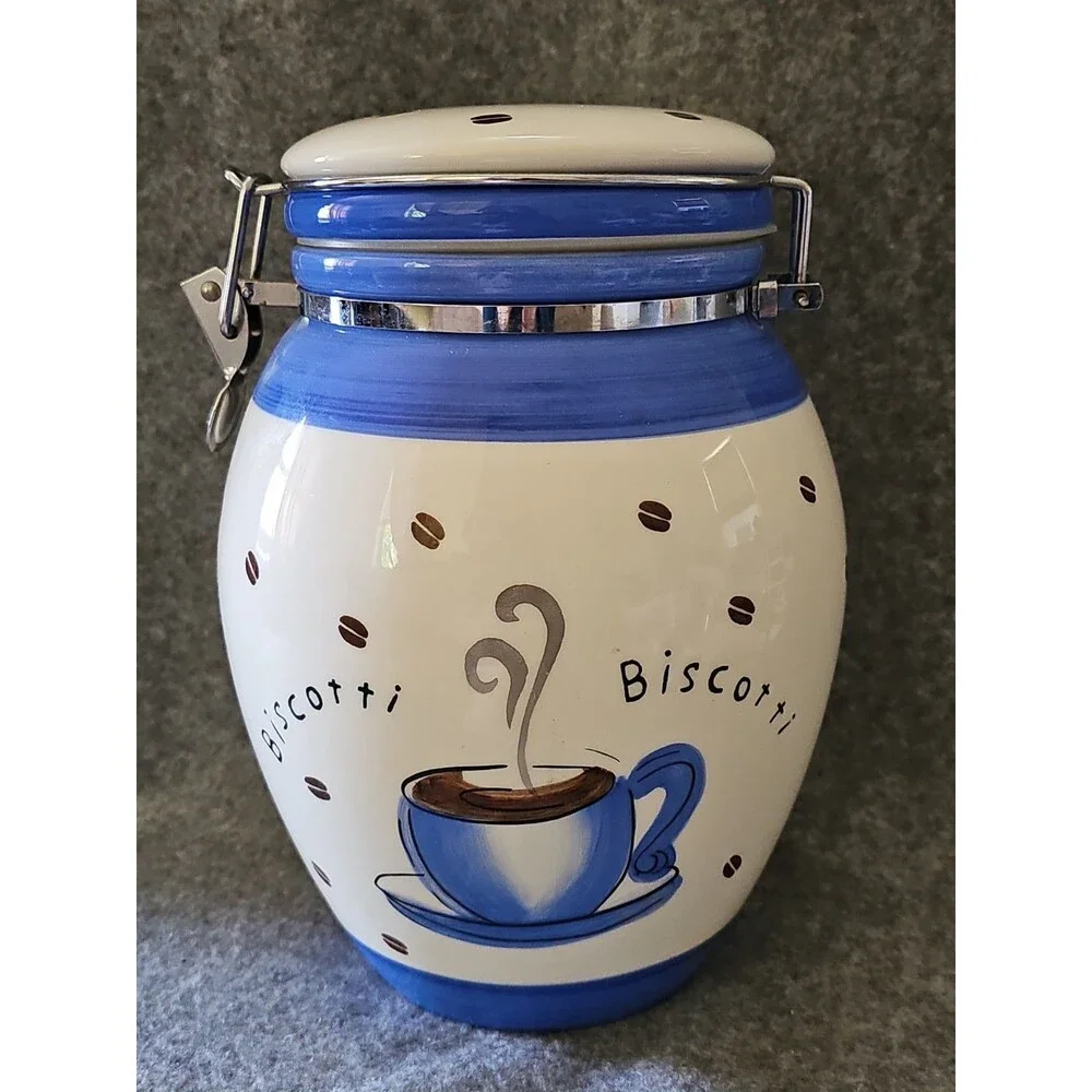 Inspirado Ceramic Cookie  / Biscotti Jar Blue White Coffee Cup Beans Hinged Lid